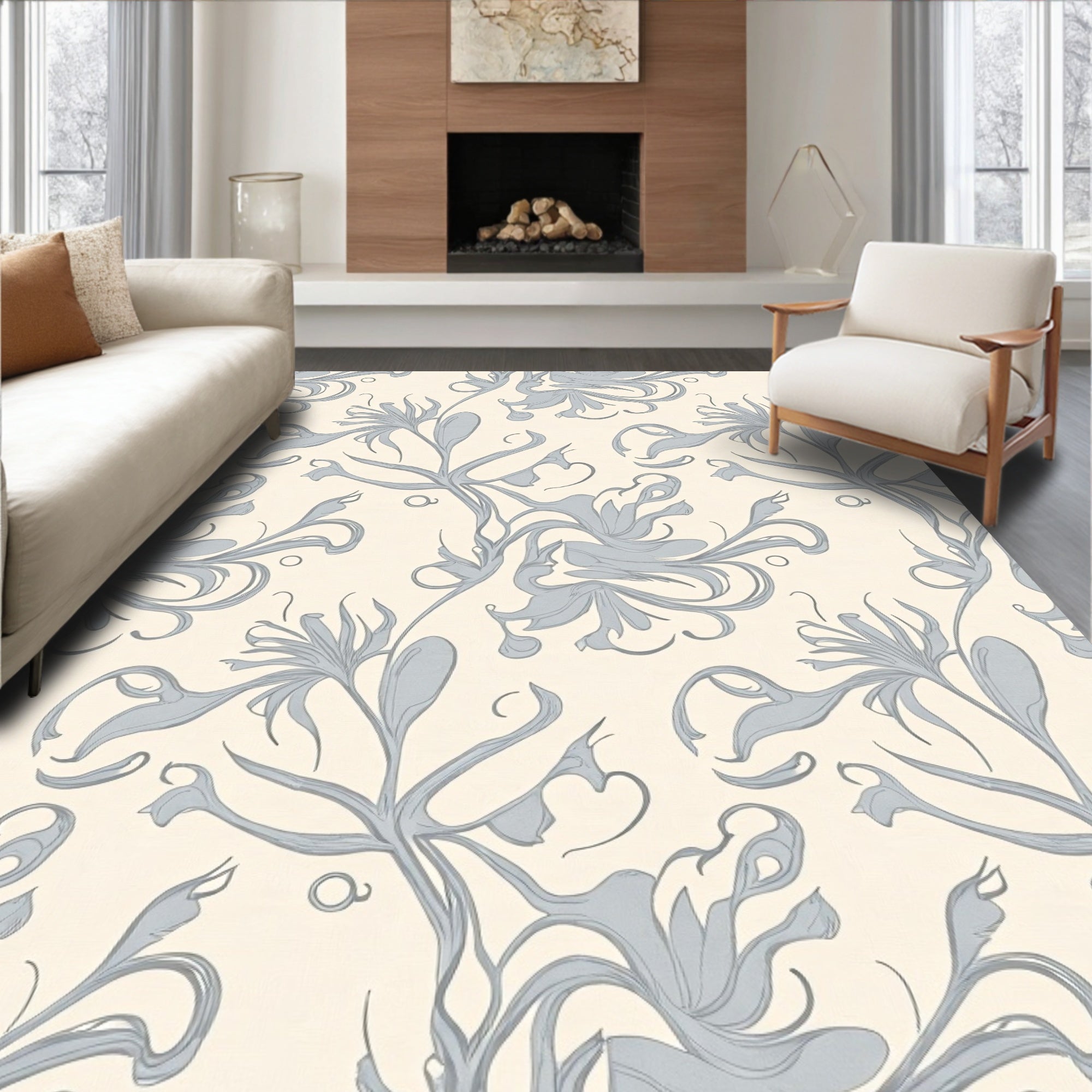 Elegant Light Blue Floral Swirl Rug