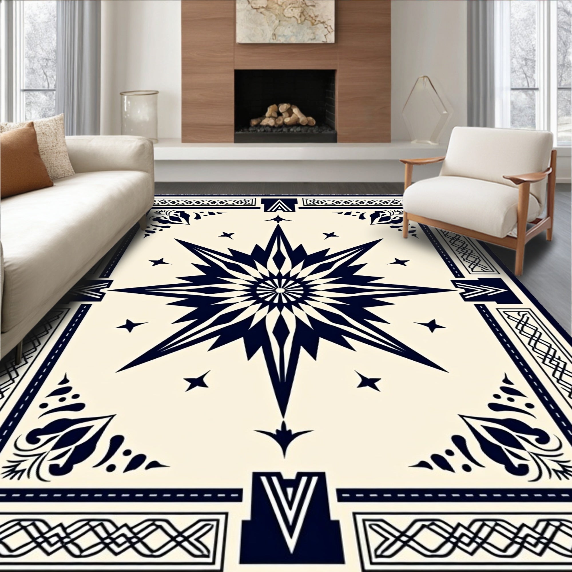 Navy Starburst Compass Graphic Rug
