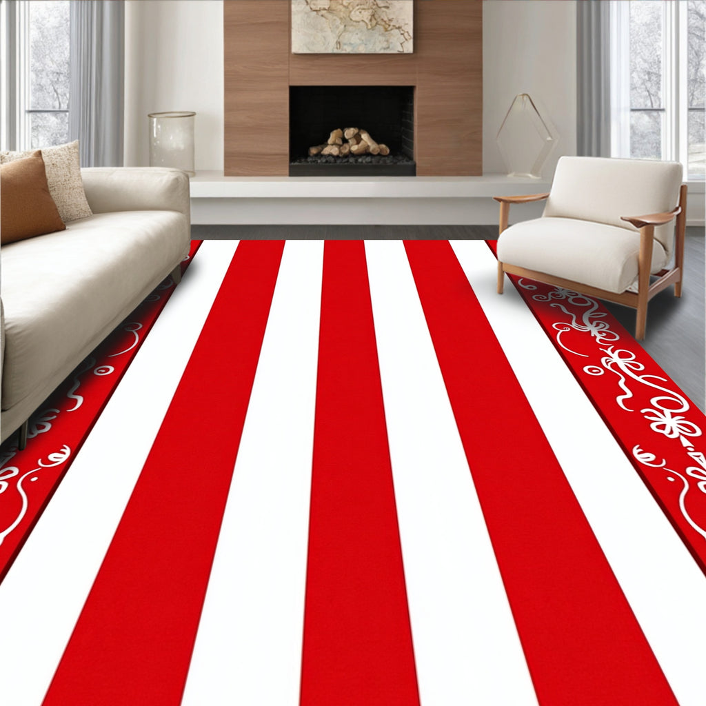 Red white striped ornate border Rug