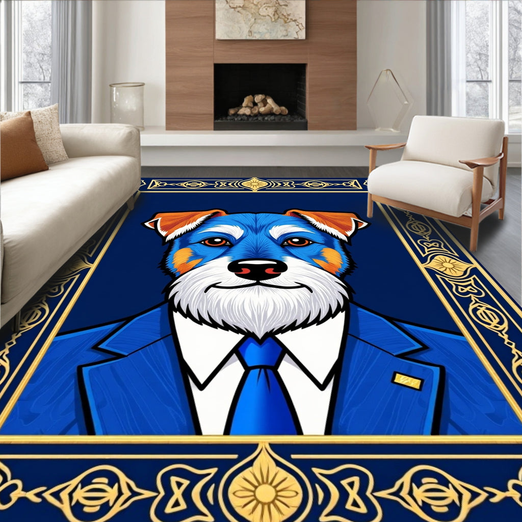 Blue And Gold Ornate Dog Portrait Rug