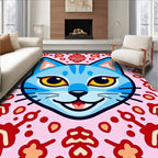 Whimsical Blue Cat Pink Floral Rug