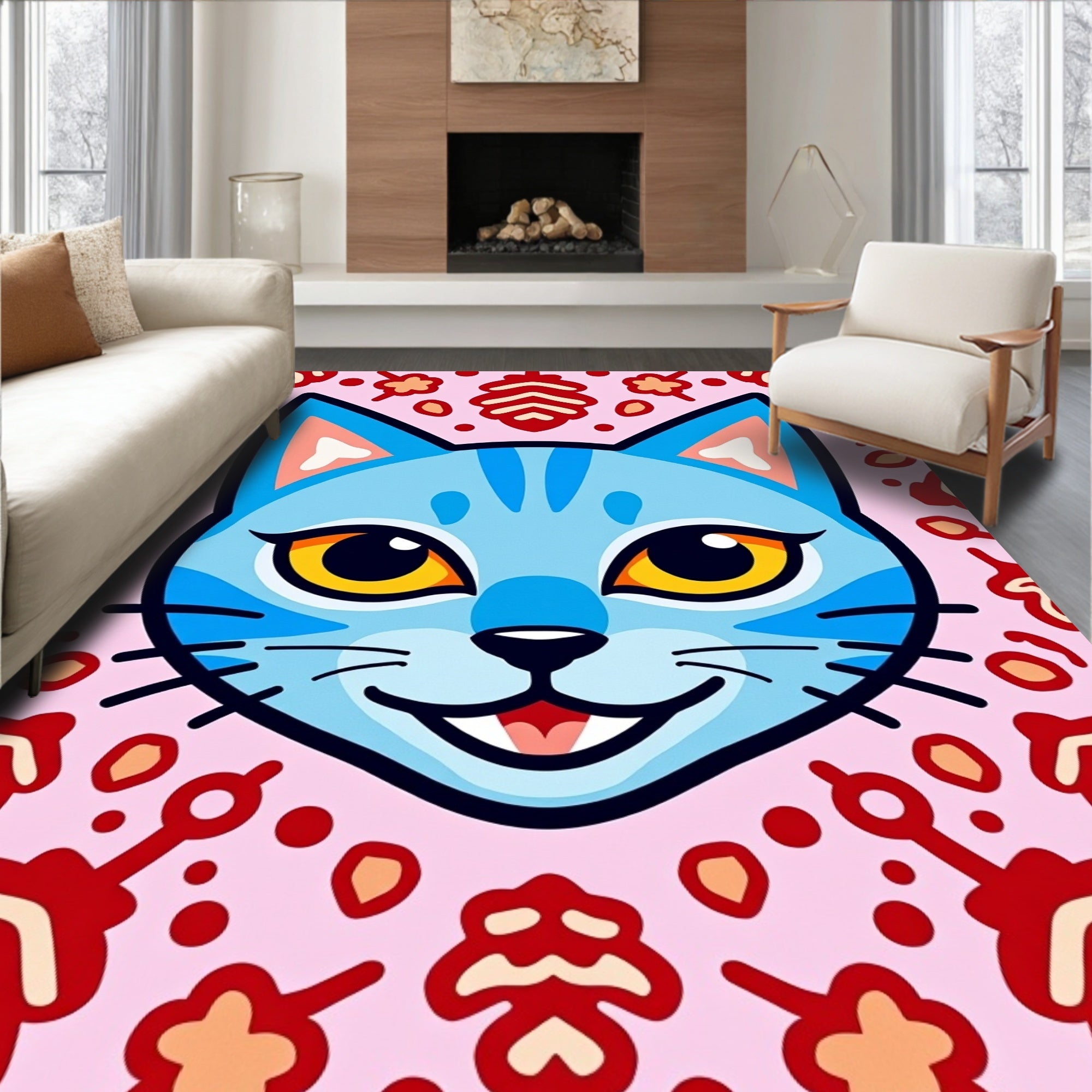 Whimsical Blue Cat Pink Floral Rug