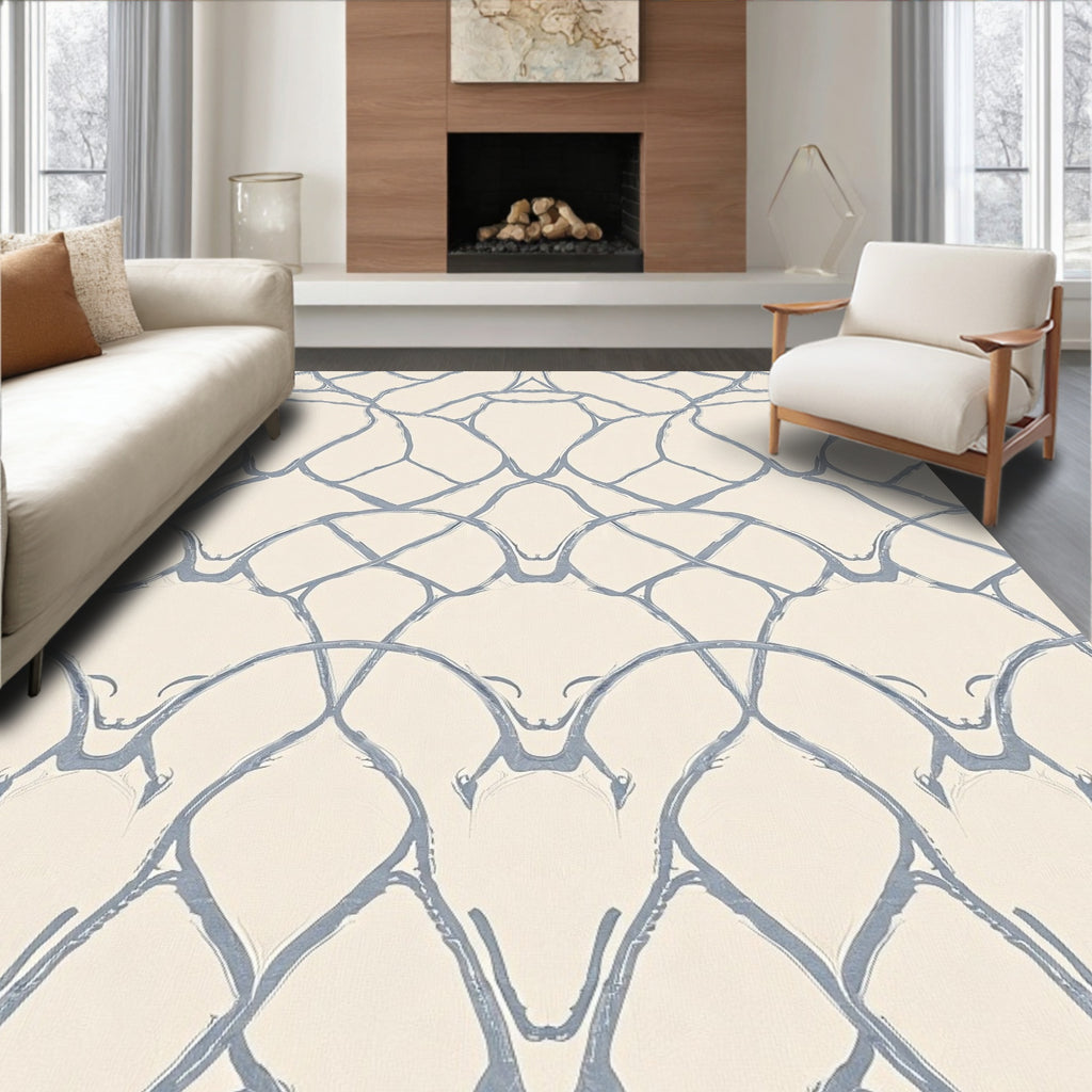 Cream Blue Organic Lattice Rug