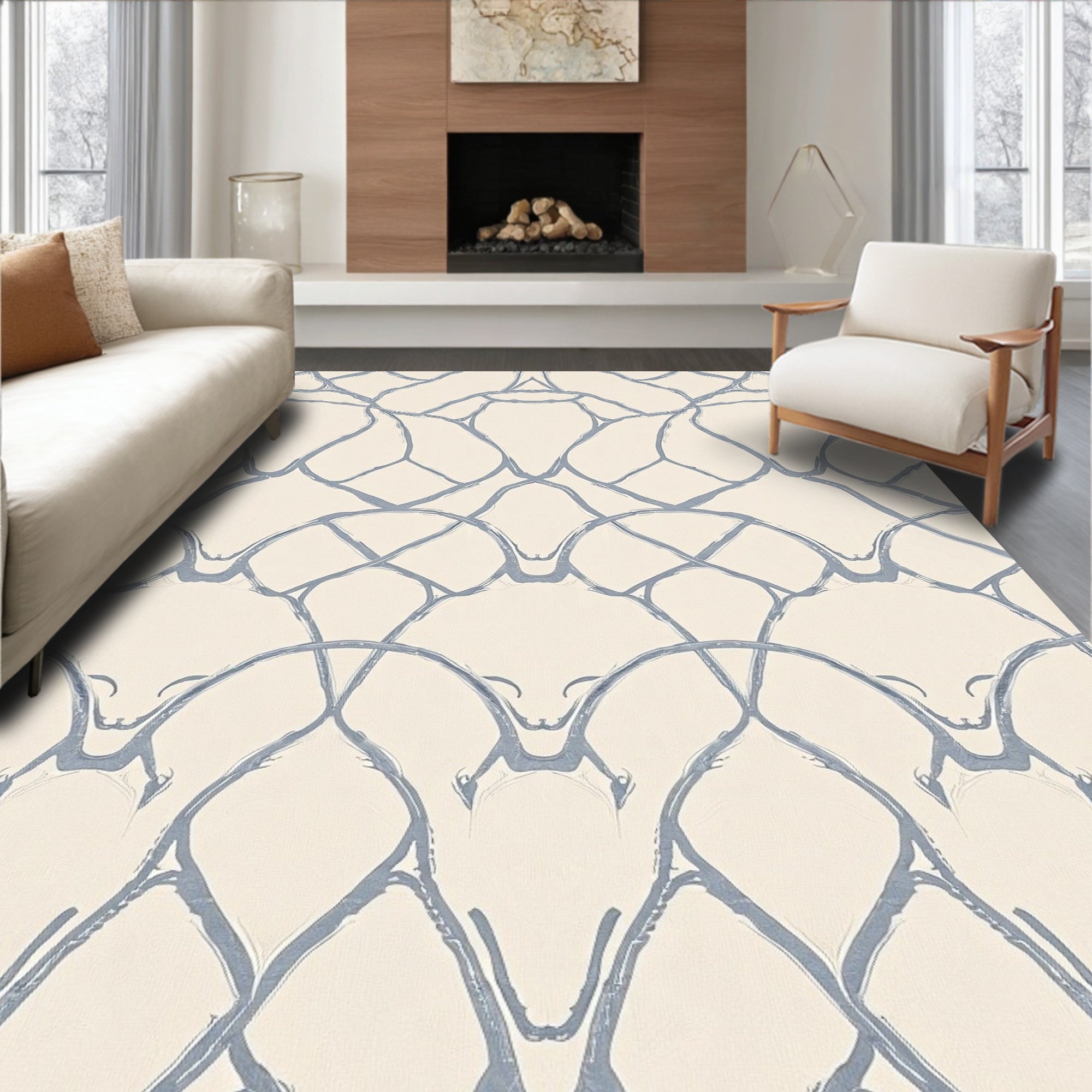 Cream Blue Organic Lattice Rug