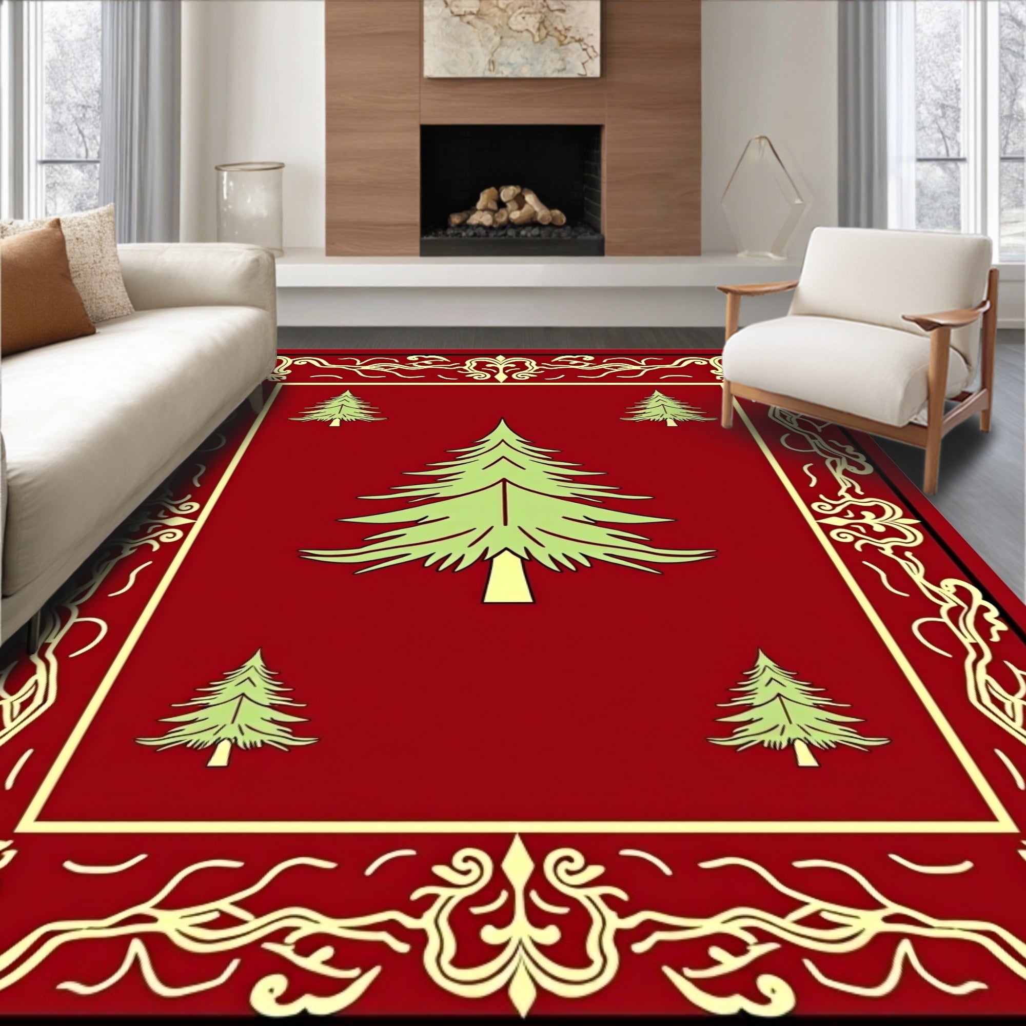 Festive Crimson Pine Forest Border Rug