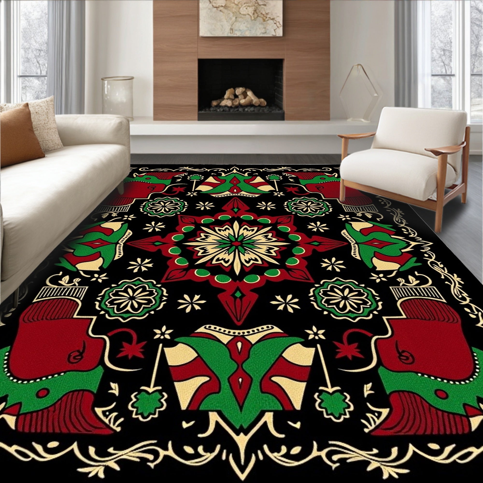 Central Star Red Green Folk Rug