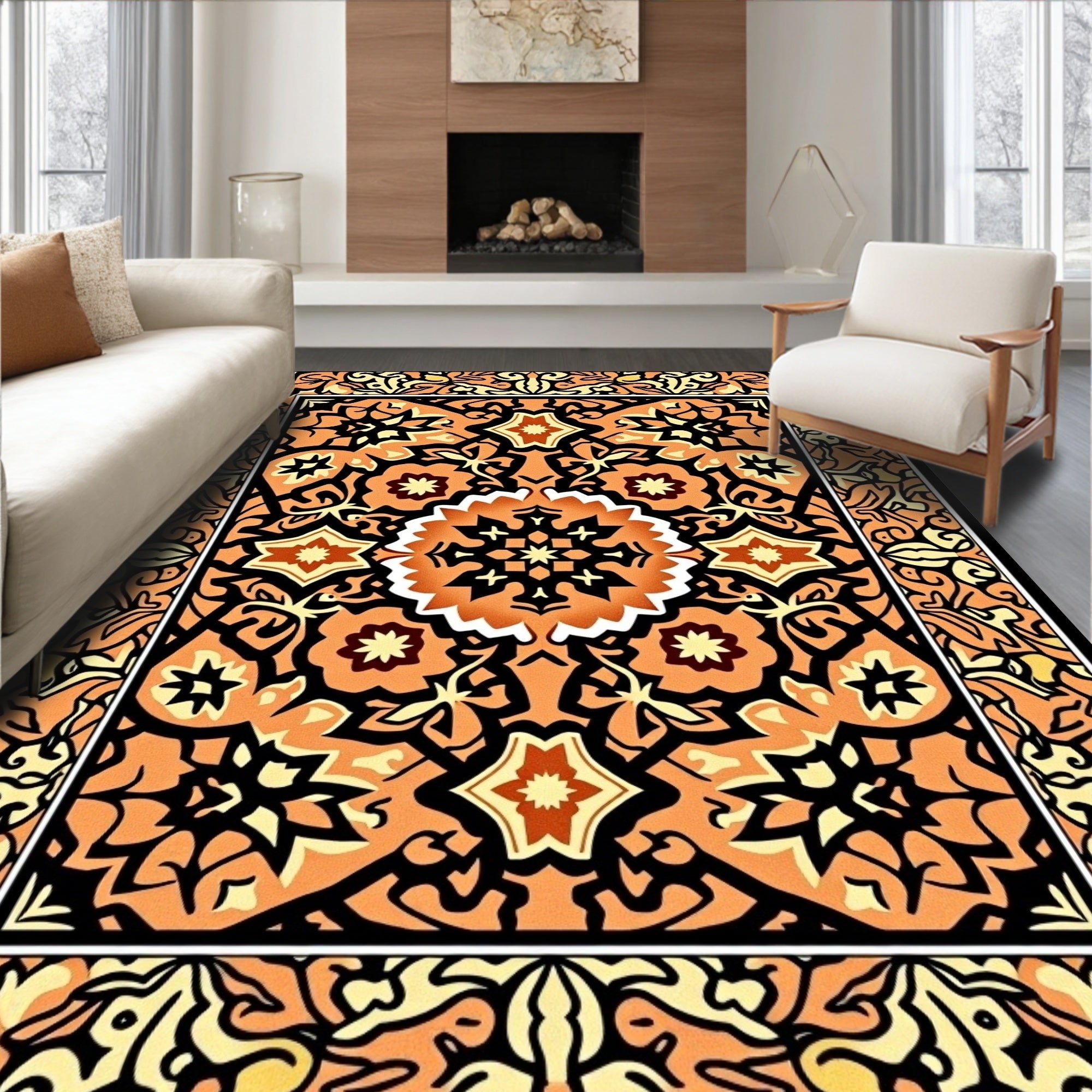 Orange Black Floral Medallion Rug