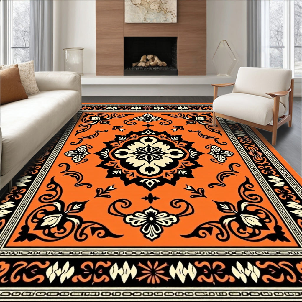 Vibrant Orange Floral Scroll Rug