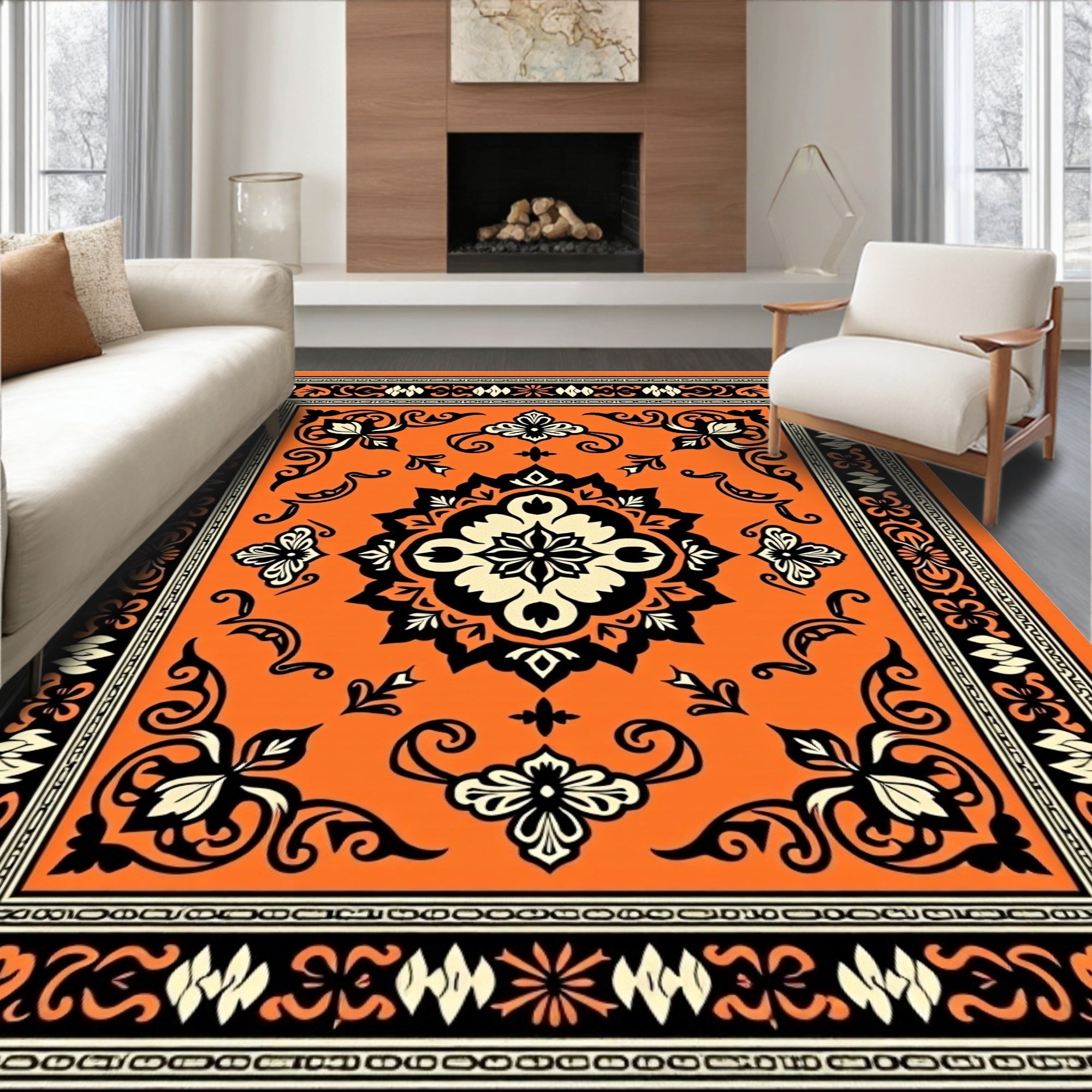 Vibrant Orange Floral Scroll Rug