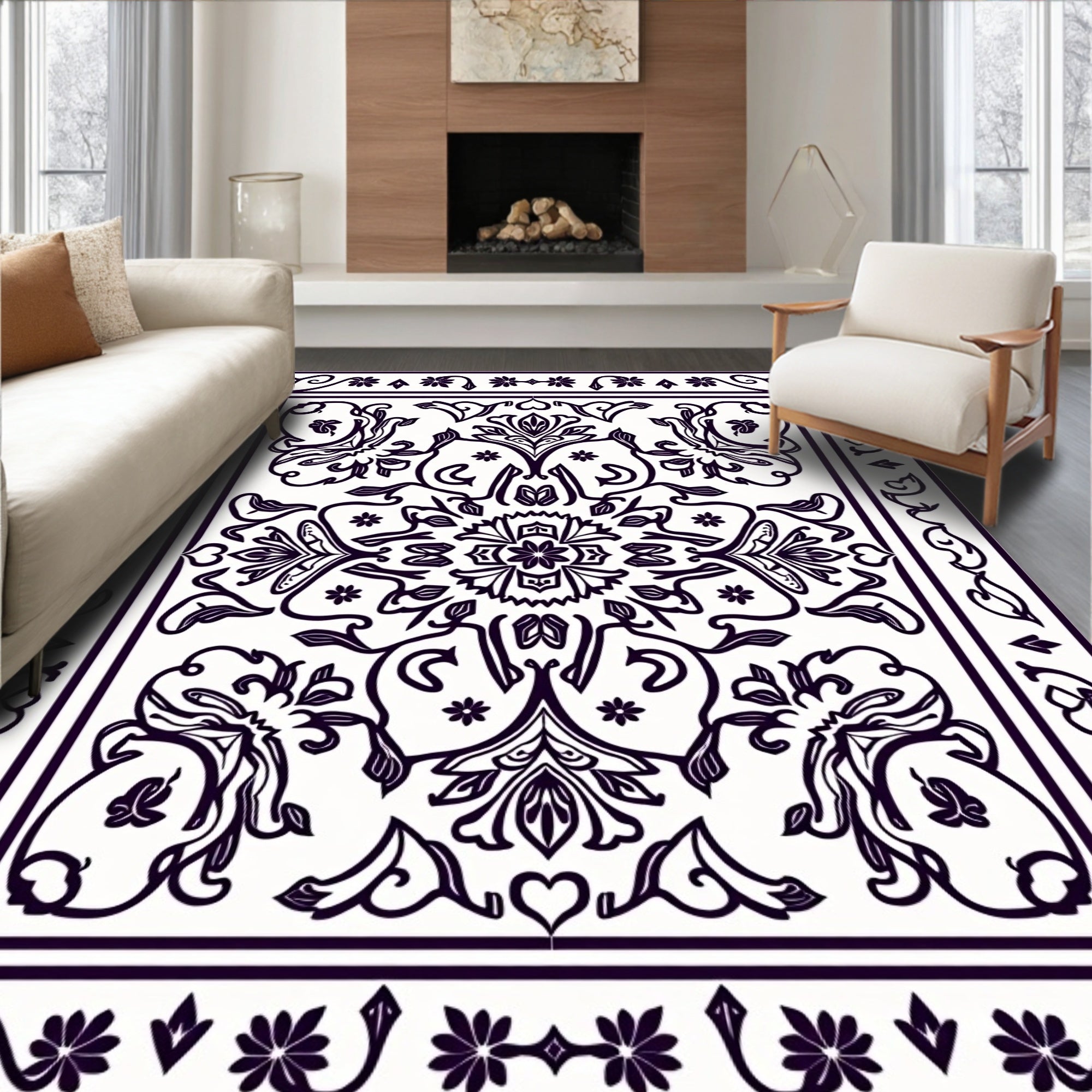 Ornate Black Floral Scroll Medallion Rug