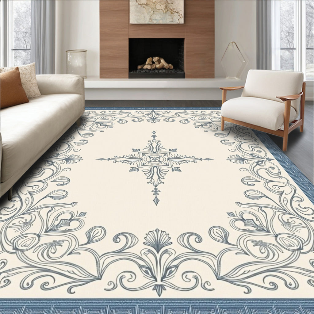 Ivory Blue Floral Scroll Border Rug