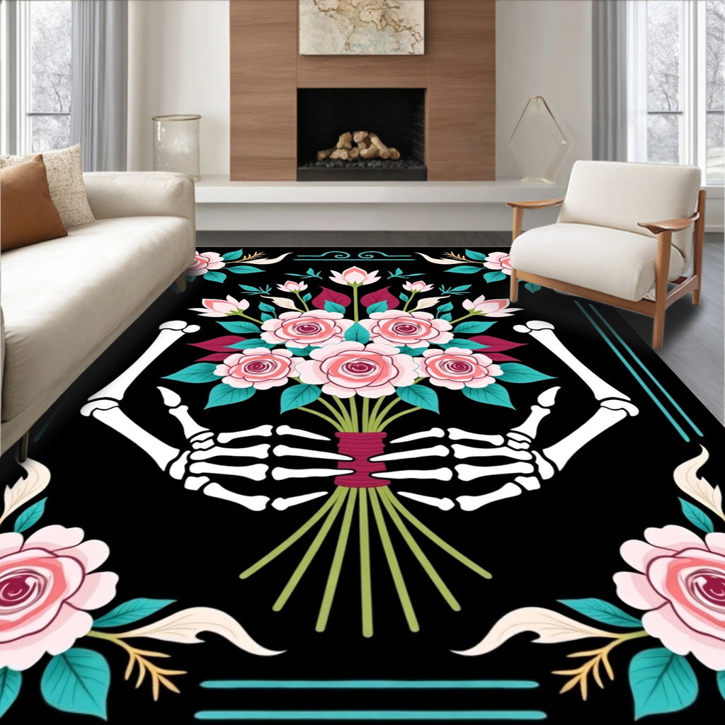 Skeleton Hands Holding Pink Roses Bouquet Rug
