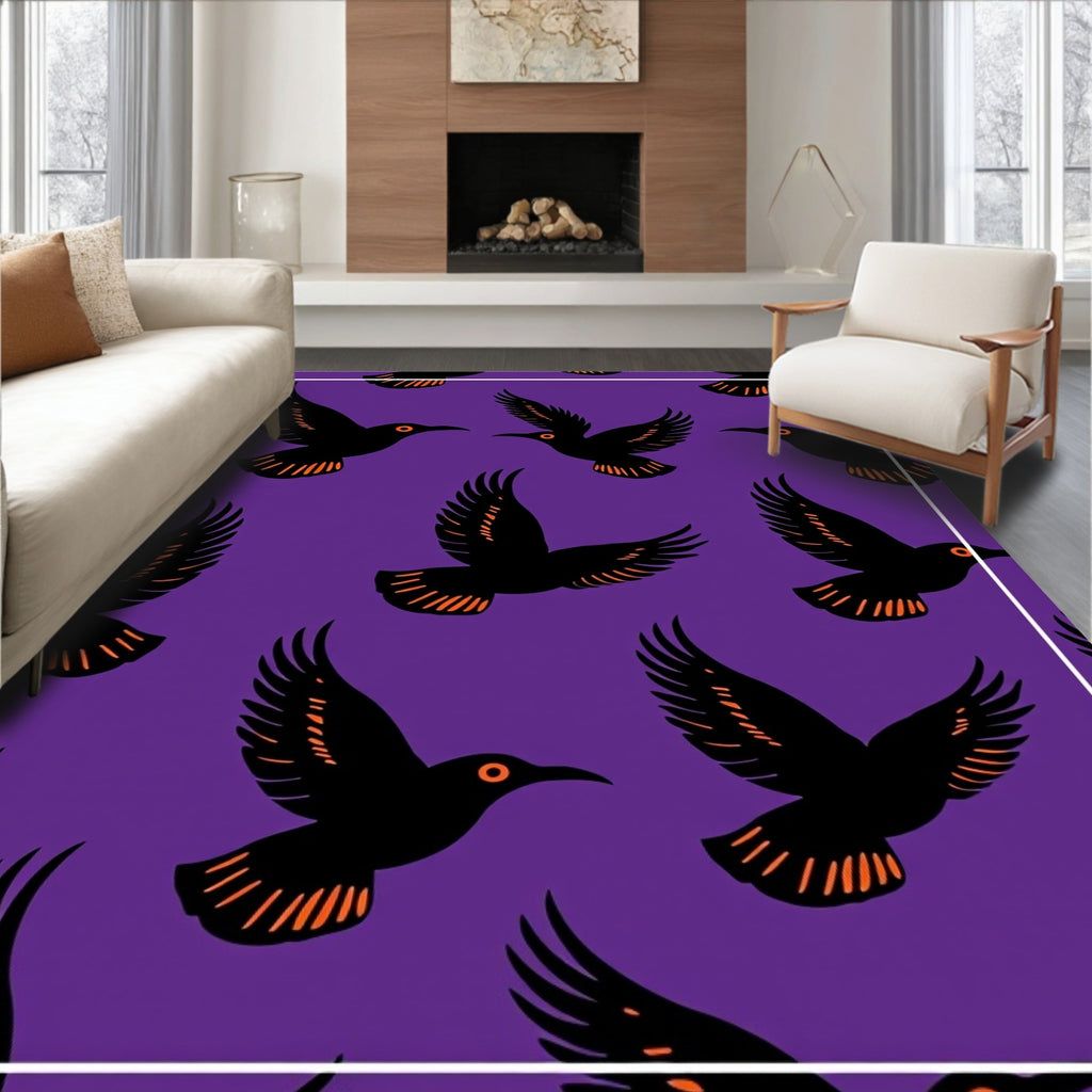 Purple Flying Black Birds Orange Eyes Rug