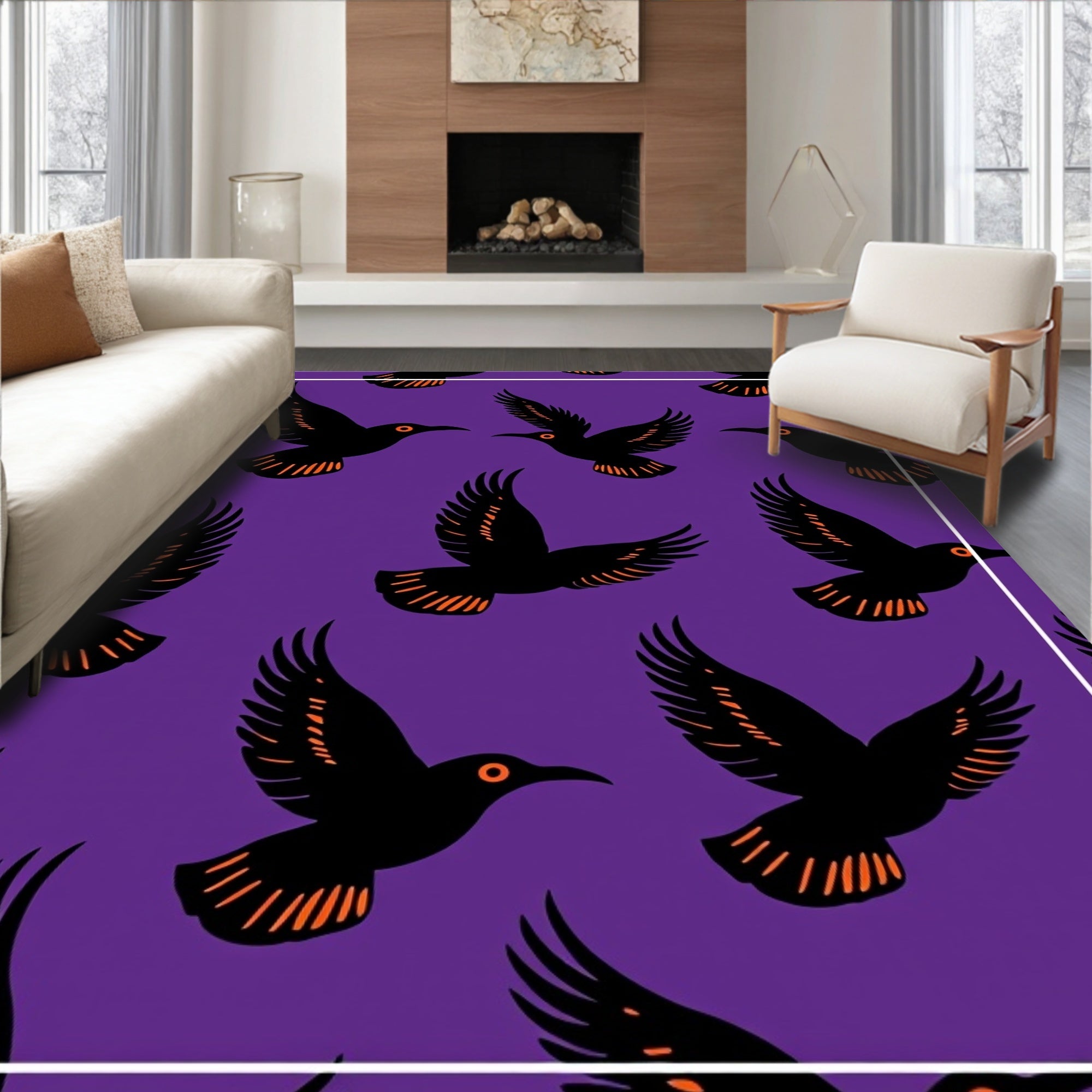 Purple Flying Black Birds Orange Eyes Rug