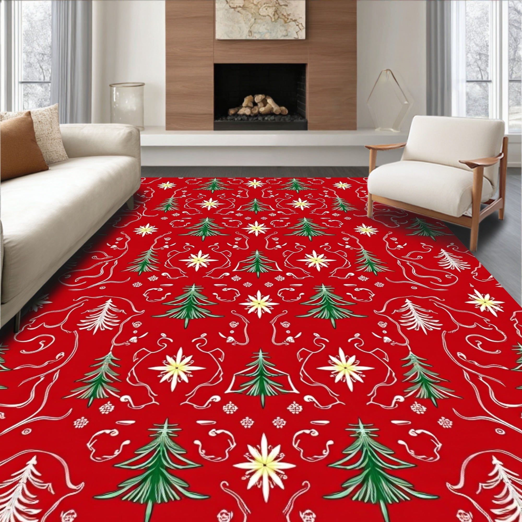 Green Christmas Trees and Stars Red Rug