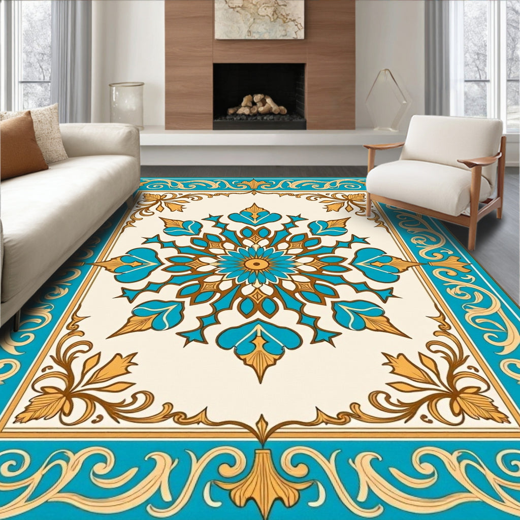 Turquoise and Gold Mandala Frame Rug