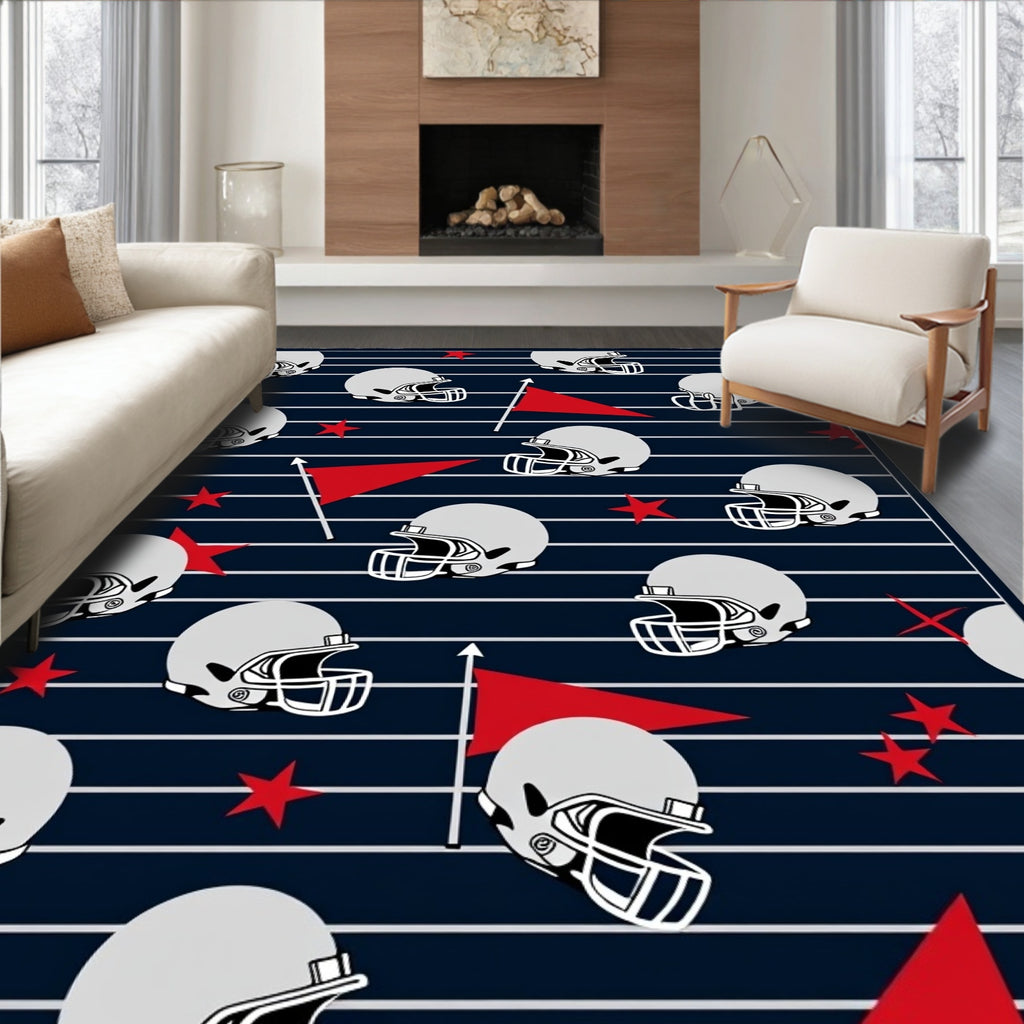 Gray Football Helmets Red Flags Navy Stripes Rug