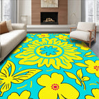 Bright Yellow Floral Butterfly Teal Rug