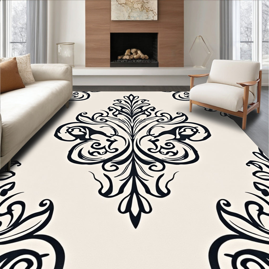 Classic Black Damask Cream Ornament Rug