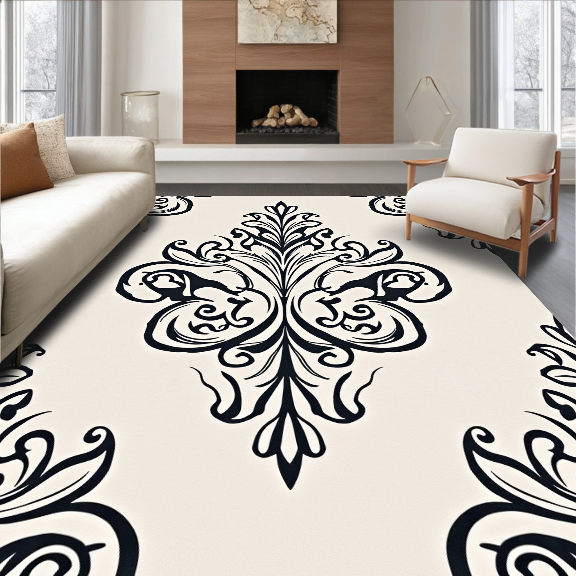 Classic Black Damask Cream Ornament Rug
