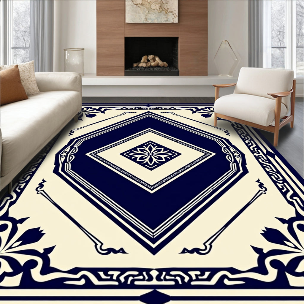 Classic Navy Cream Diamond Floral Rug