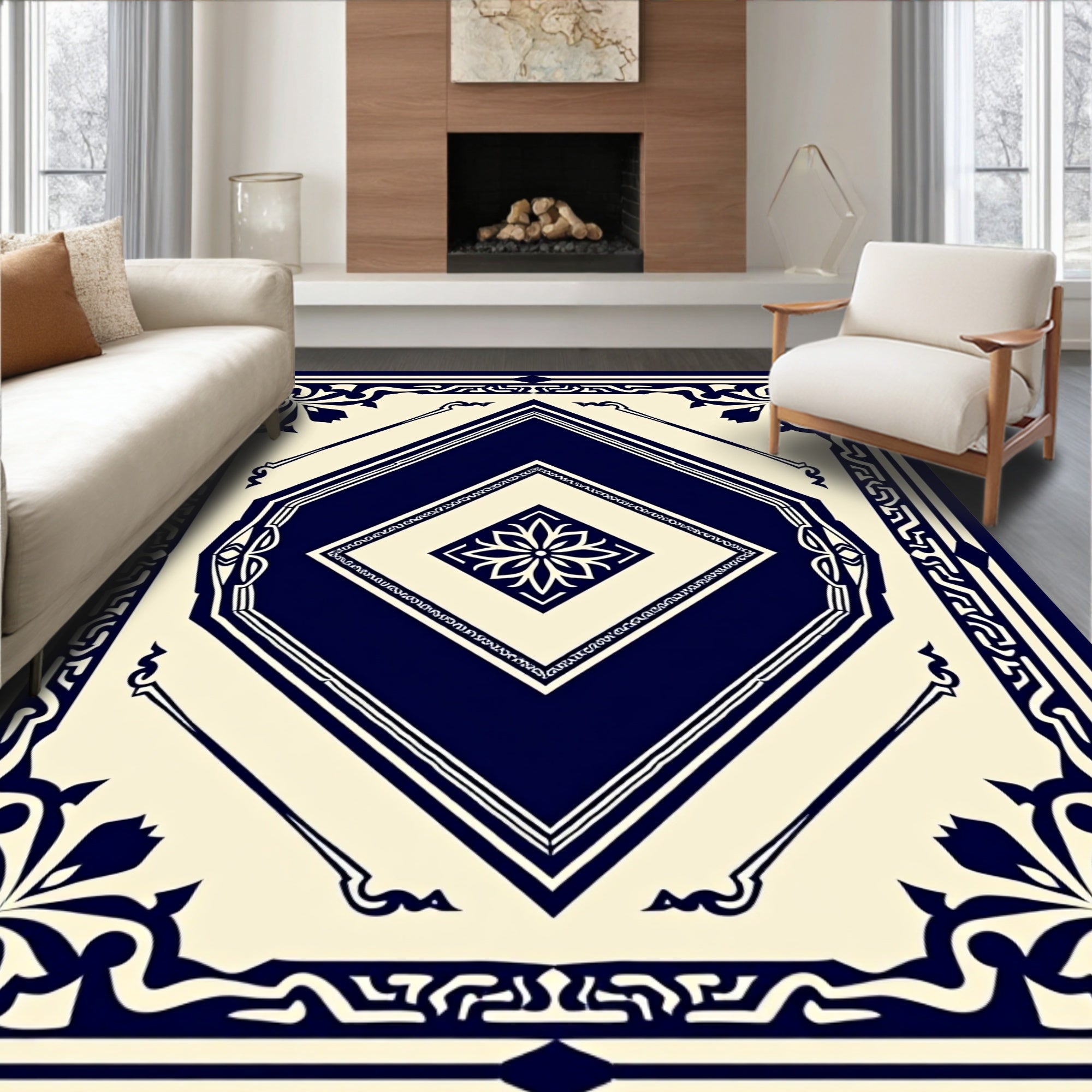 Classic Navy Cream Diamond Floral Rug
