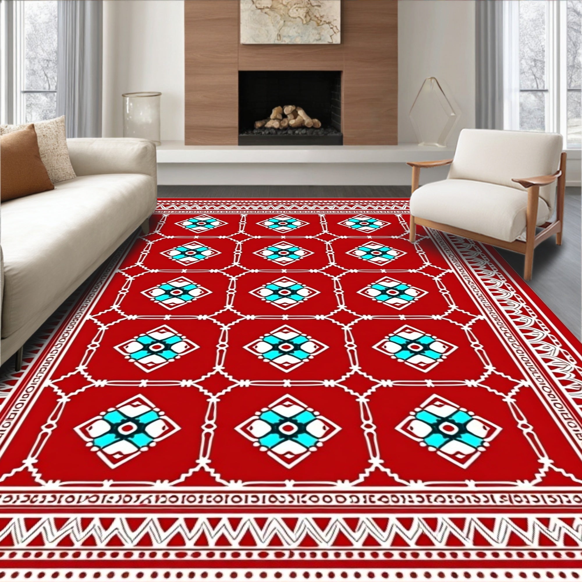 Crimson White Teal Geometric Diamond Rug