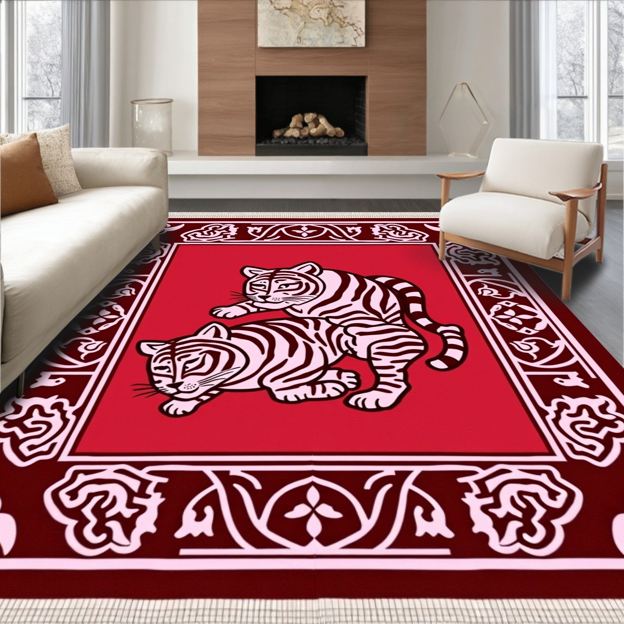 Crimson Tigers in Ornate Border Rug