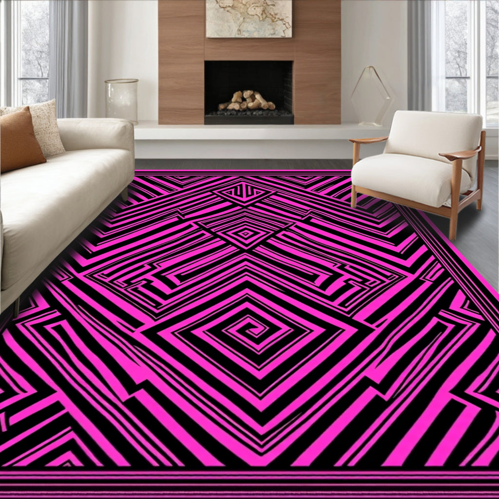 Bold Pink Black Geometric Maze Rug