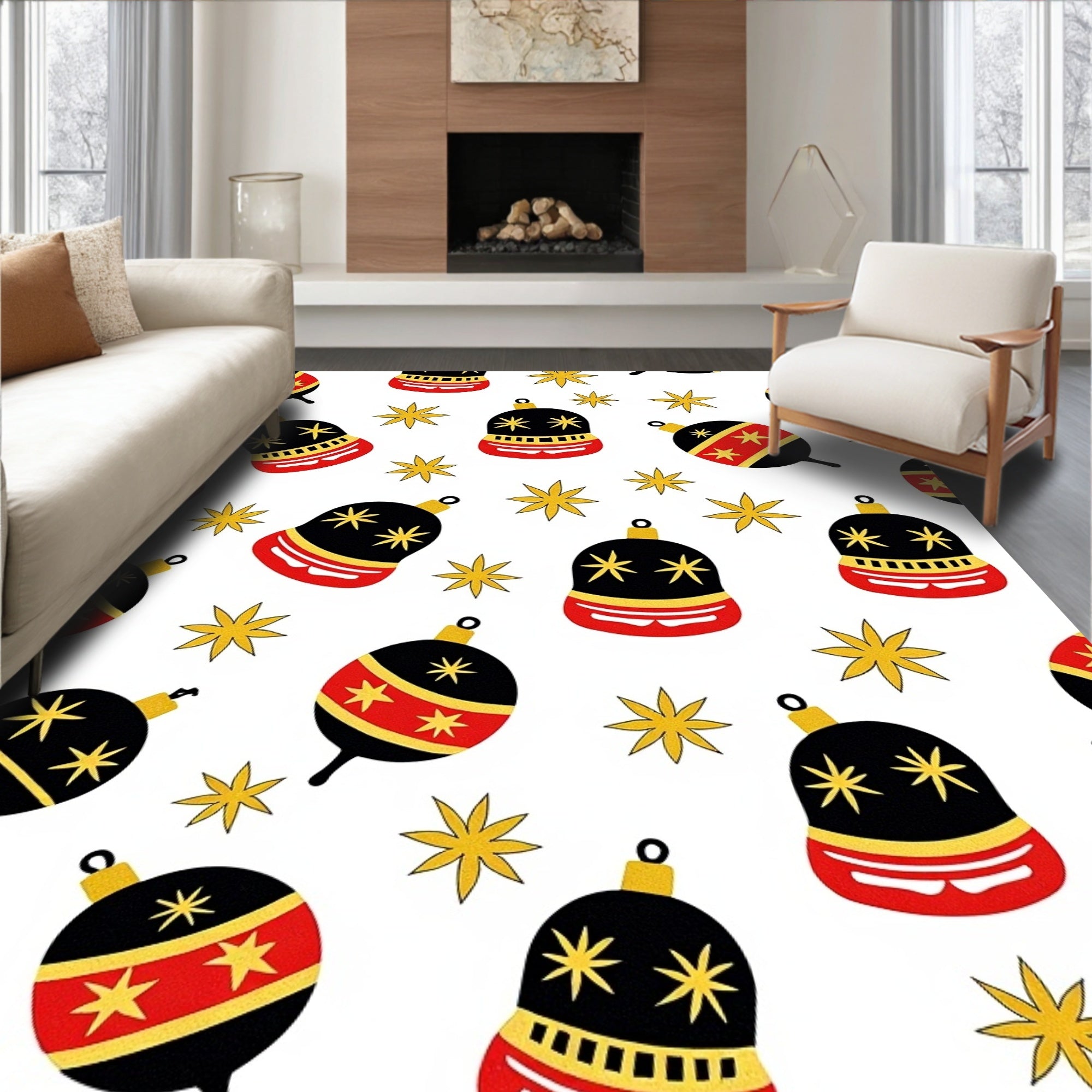 Black Red Gold Ornament Stars Rug