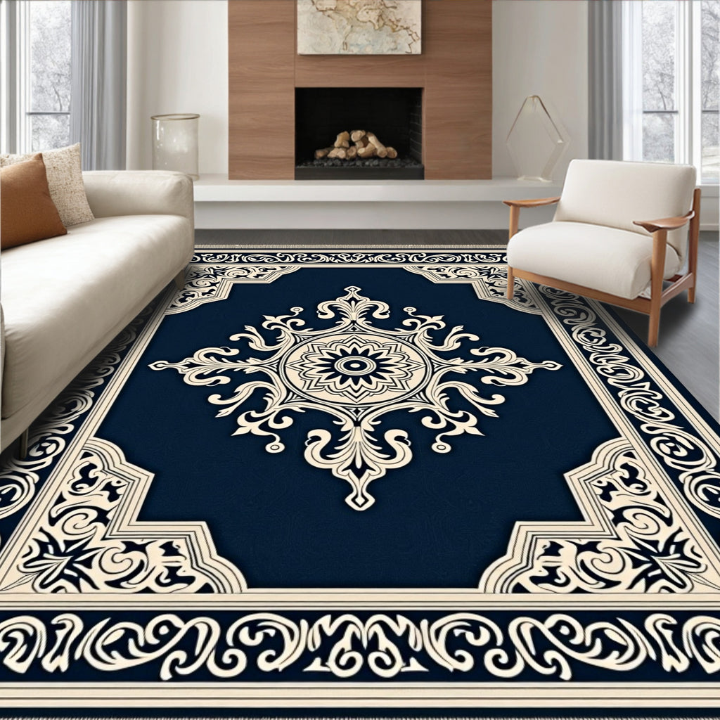 Deep Blue Cream Ornate Medallion Rug