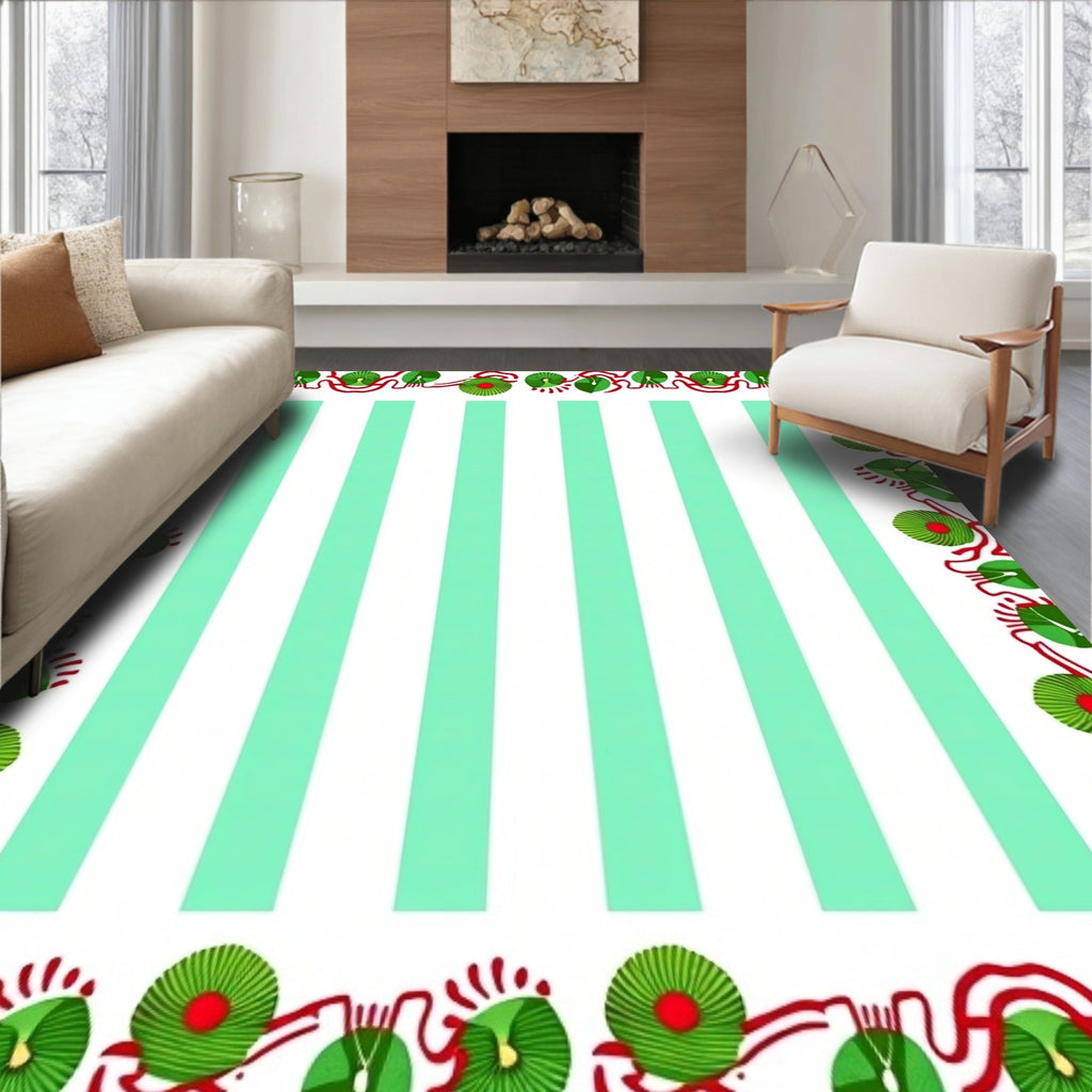 Mint Green Striped Floral Border Rug