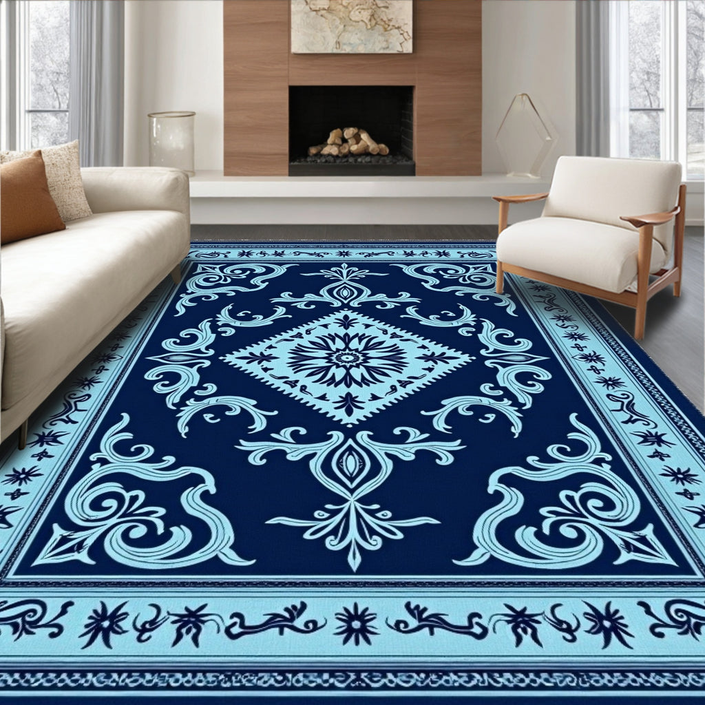 Navy Cyan Vintage Floral Medallion Rug