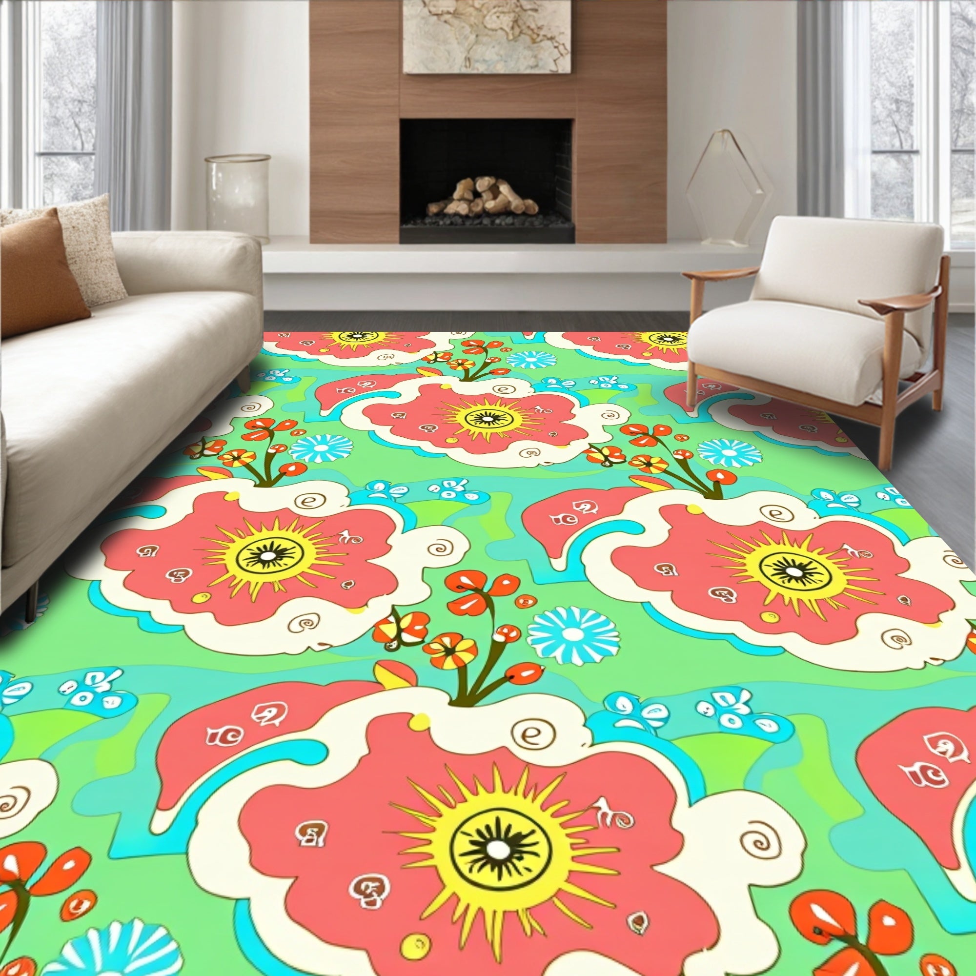 Retro Coral Sunburst Floral Swirl Rug
