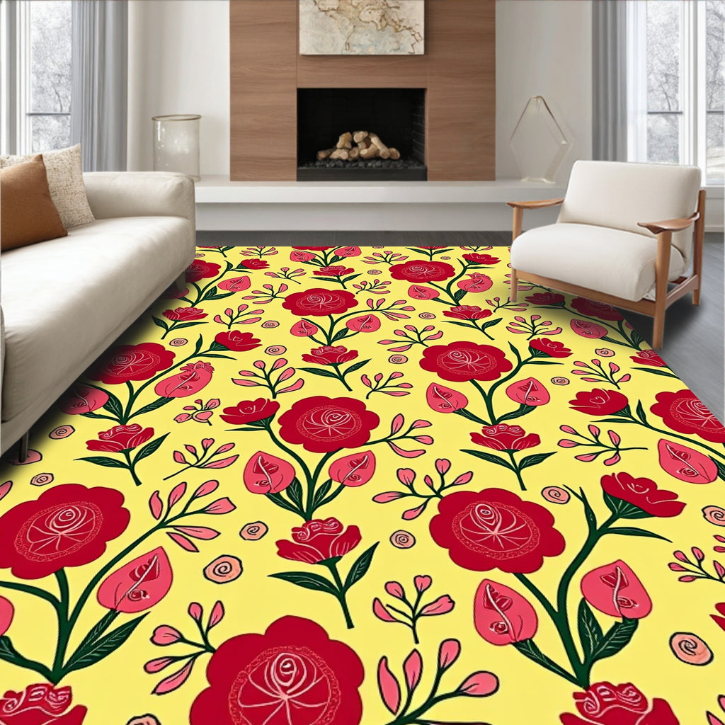 Vibrant Red Floral Garden Yellow Rug
