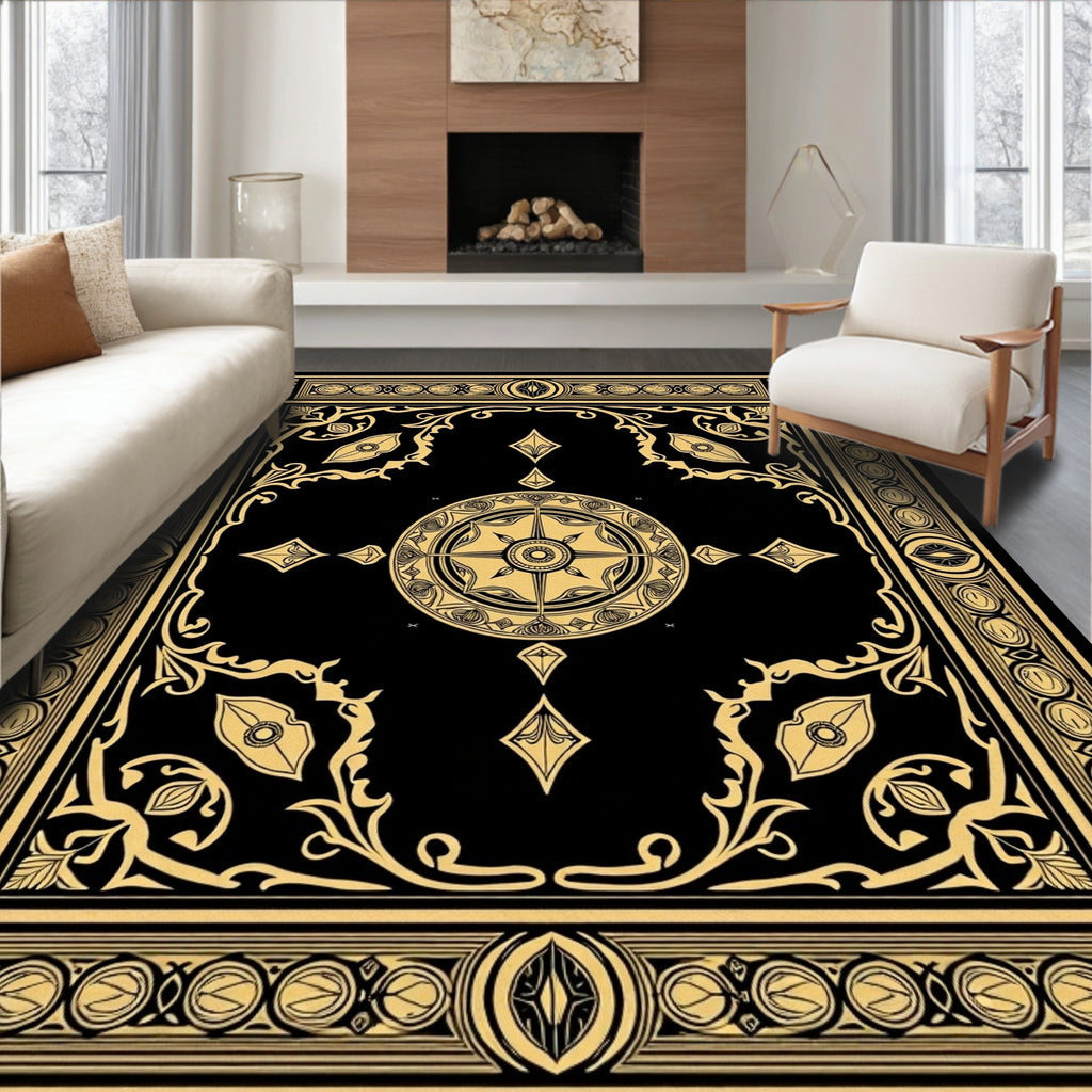 Golden Black Ornate Medallion Rug