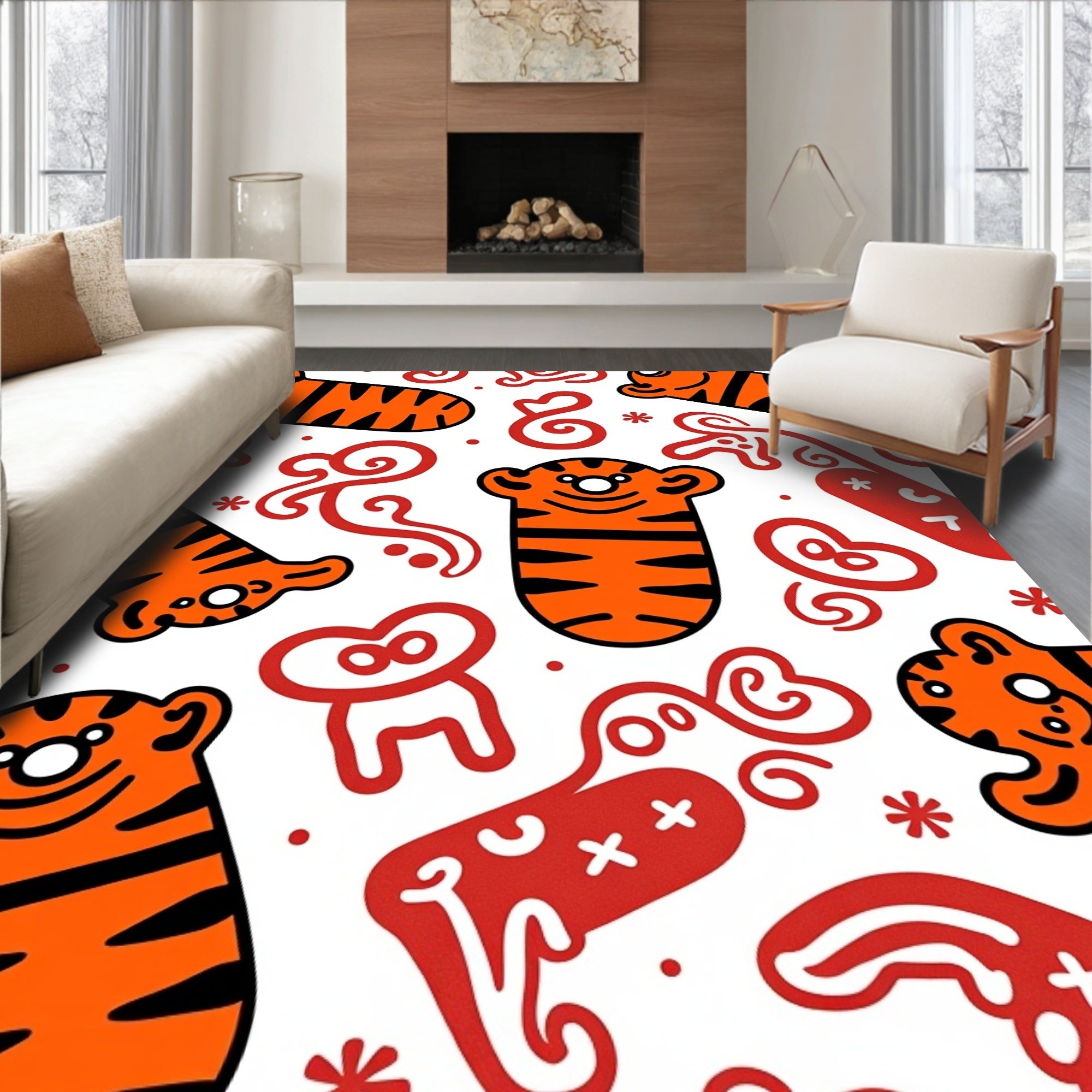Playful Orange Tiger Stripes Whimsical Icons Rug