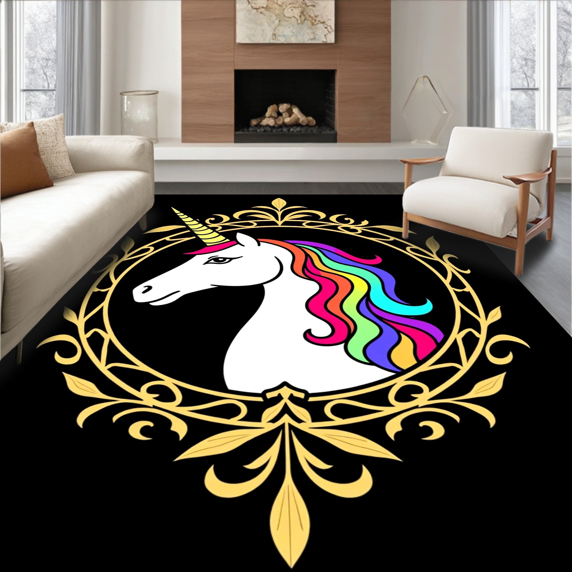 Golden Unicorn Rainbow Mane Oval Rug