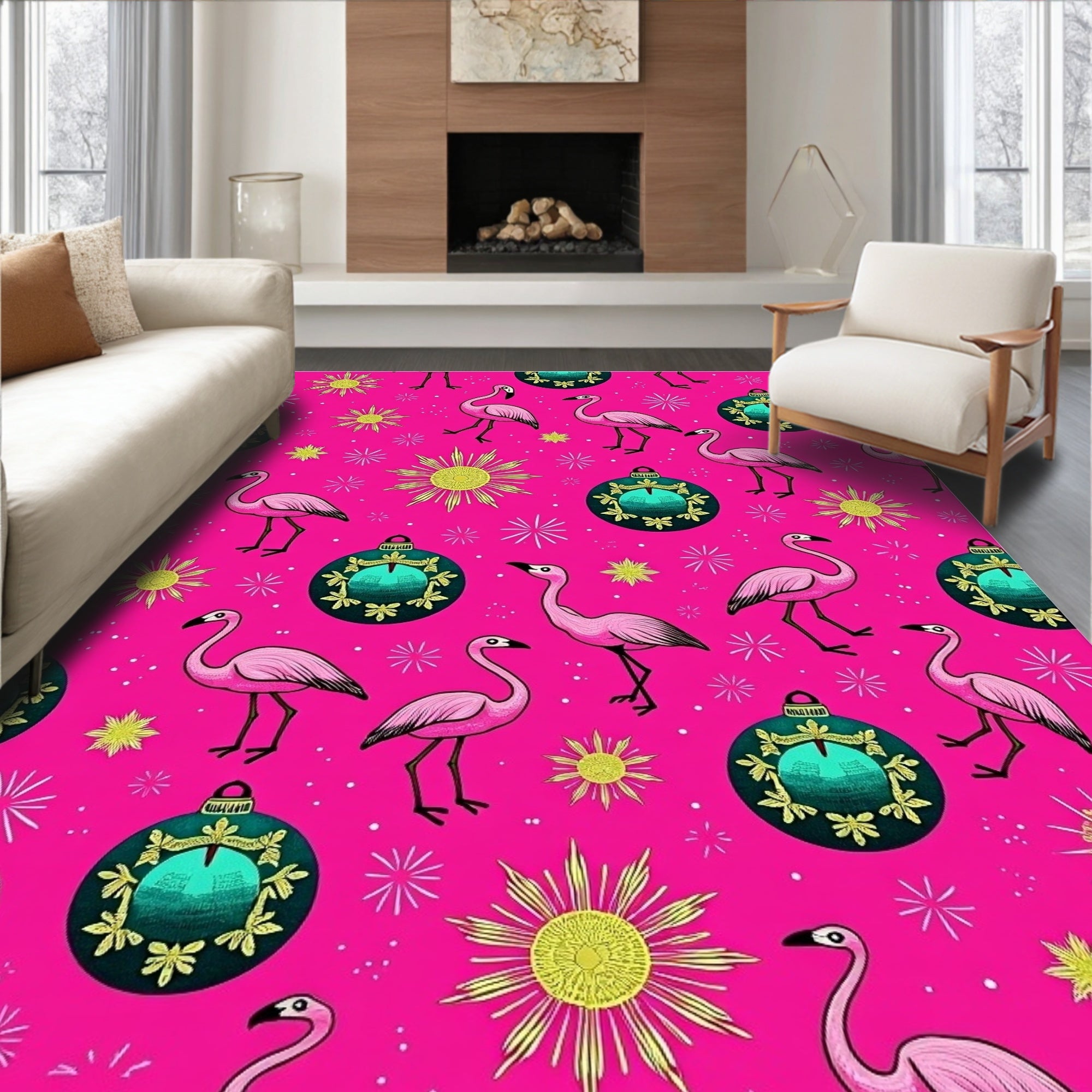 Pink Flamingo Christmas Ornaments Sunburst Rug