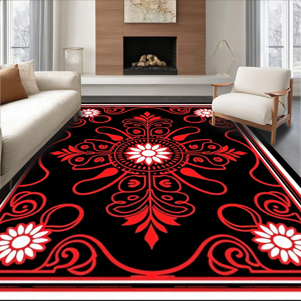 Bold Red Floral Medallion Graphic Rug
