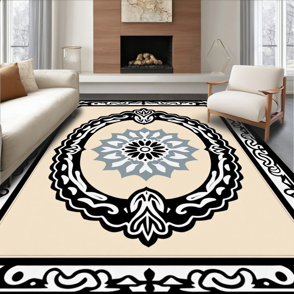 Black Oval Frame With Cream Medallion Rug