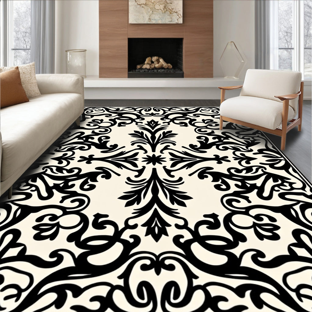 Black Ivory Ornate Damask Area Rug