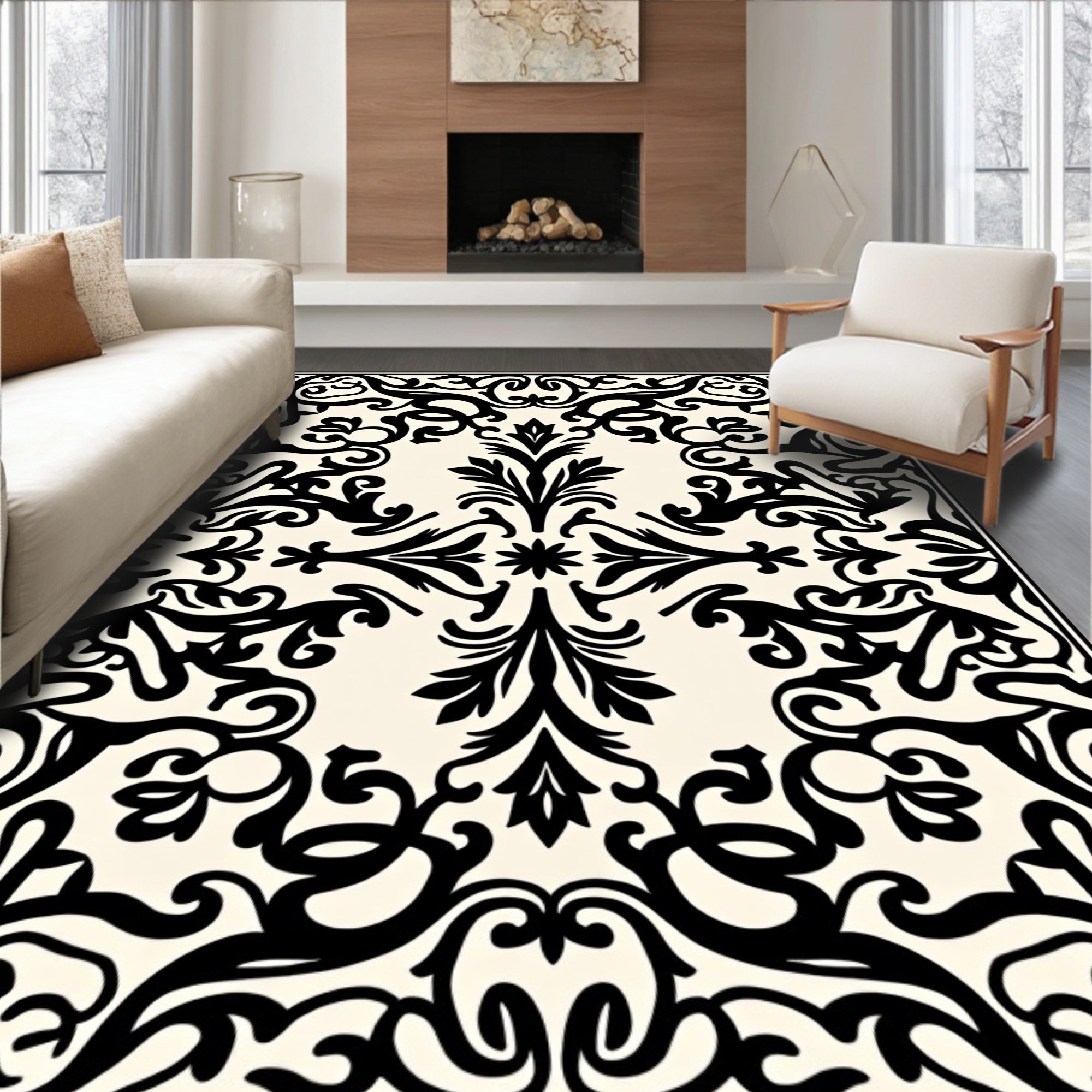Black Ivory Ornate Damask Area Rug