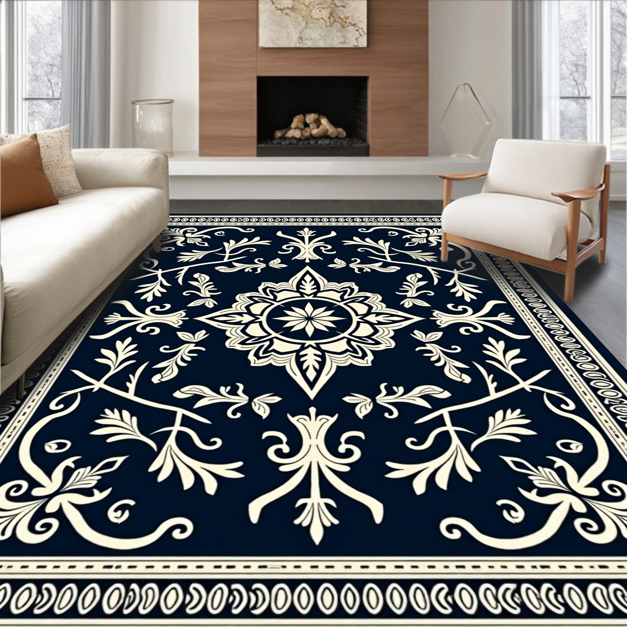 Navy Cream Floral Medallion Scroll Rug