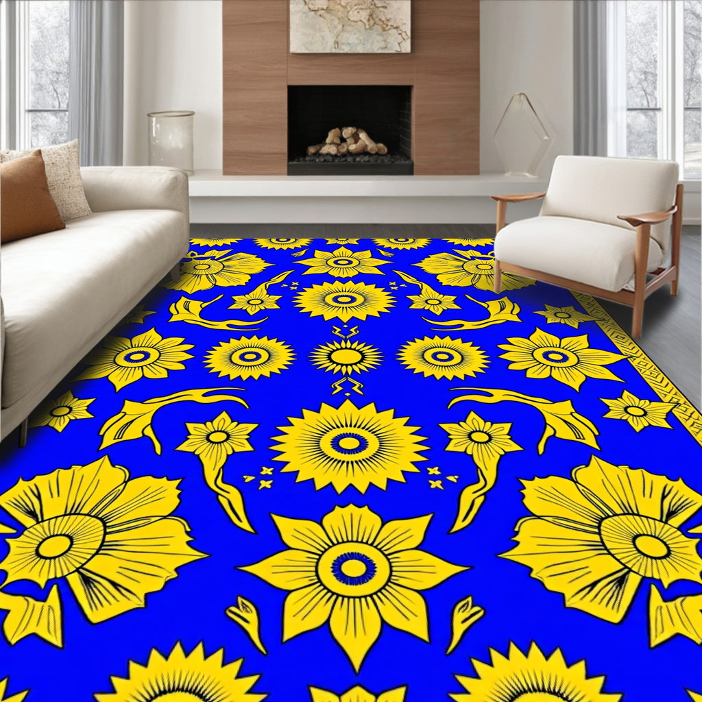 Vibrant Yellow Floral Medallion Blue Rug