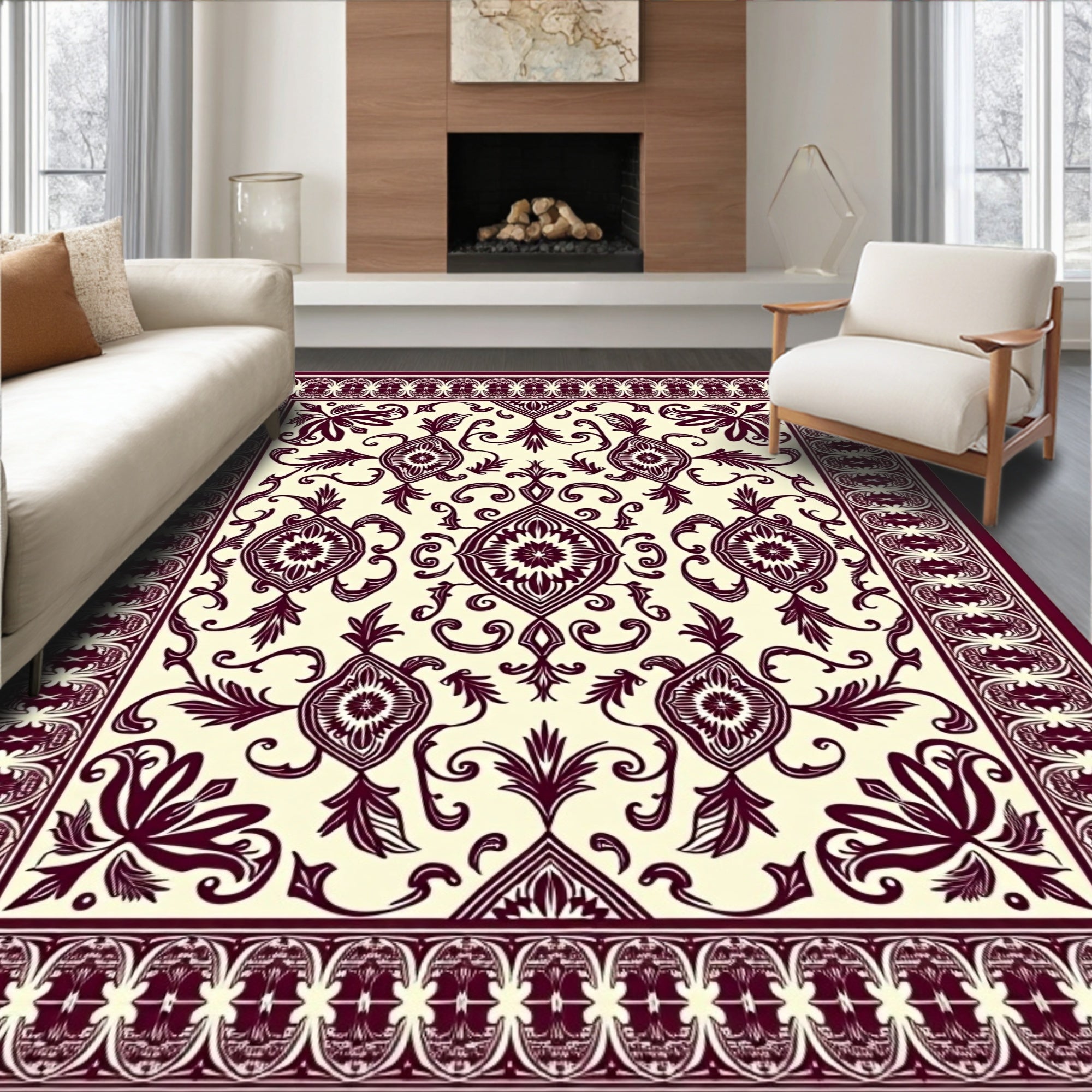 Maroon Floral Medallion Border Rug