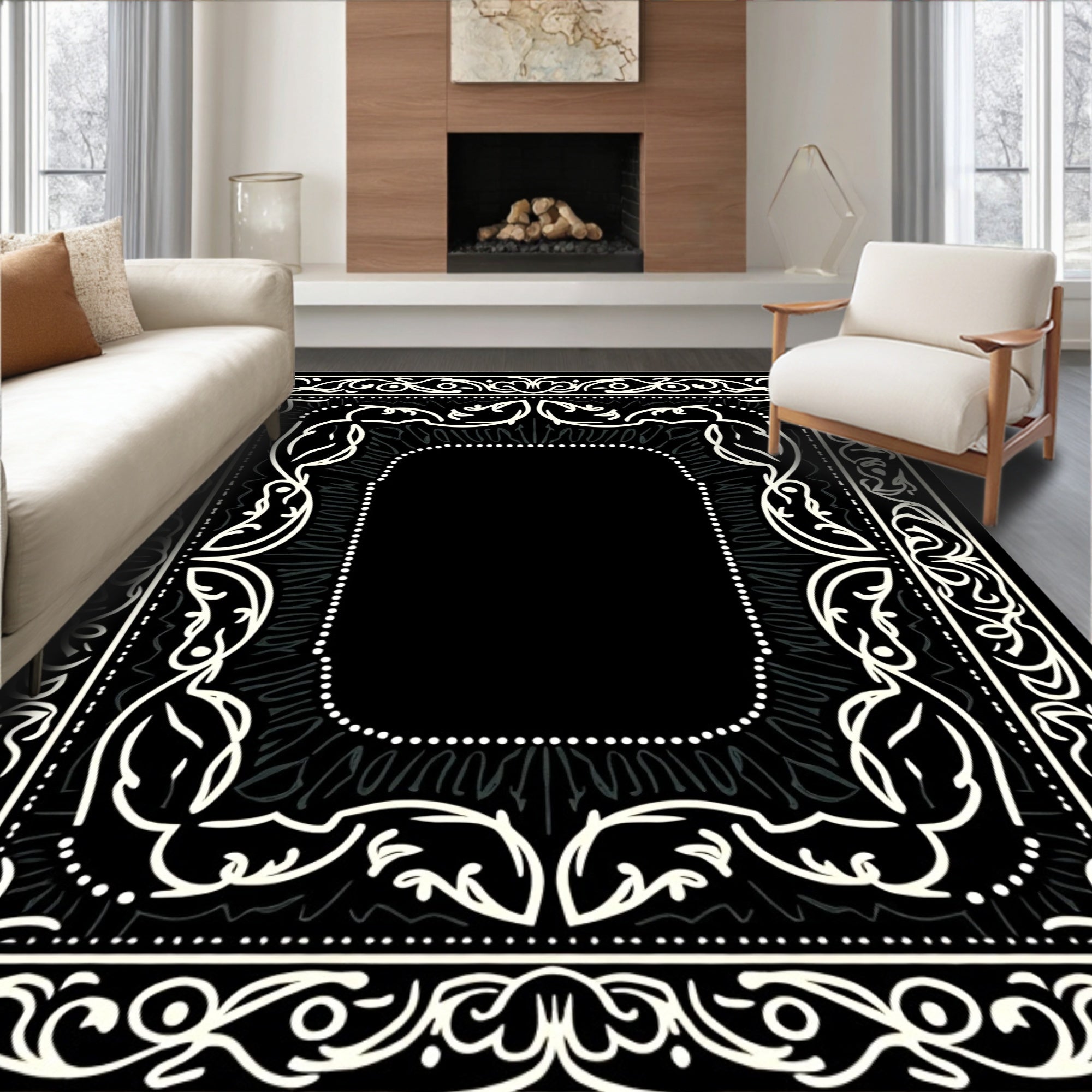 Monochromatic Intricate Floral Scroll Frame Rug