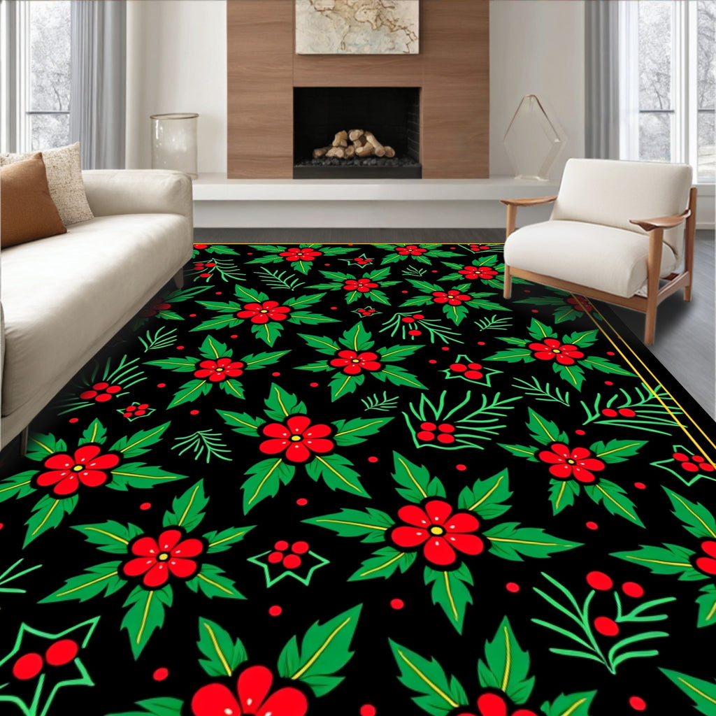 Red Holly Berry Floral Garland Rug