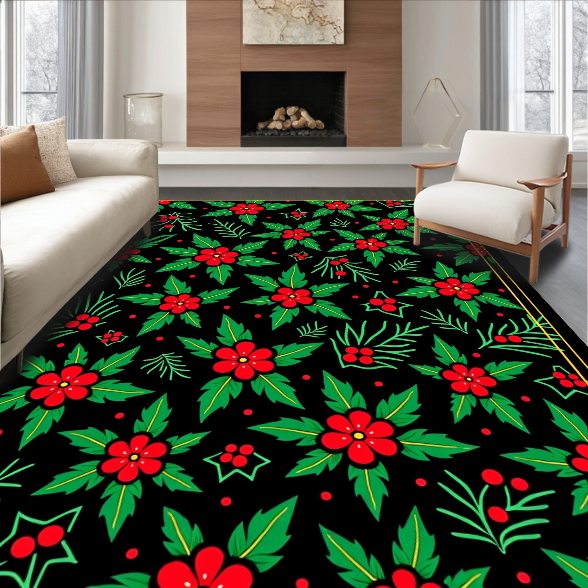 Red Holly Berry Floral Garland Rug