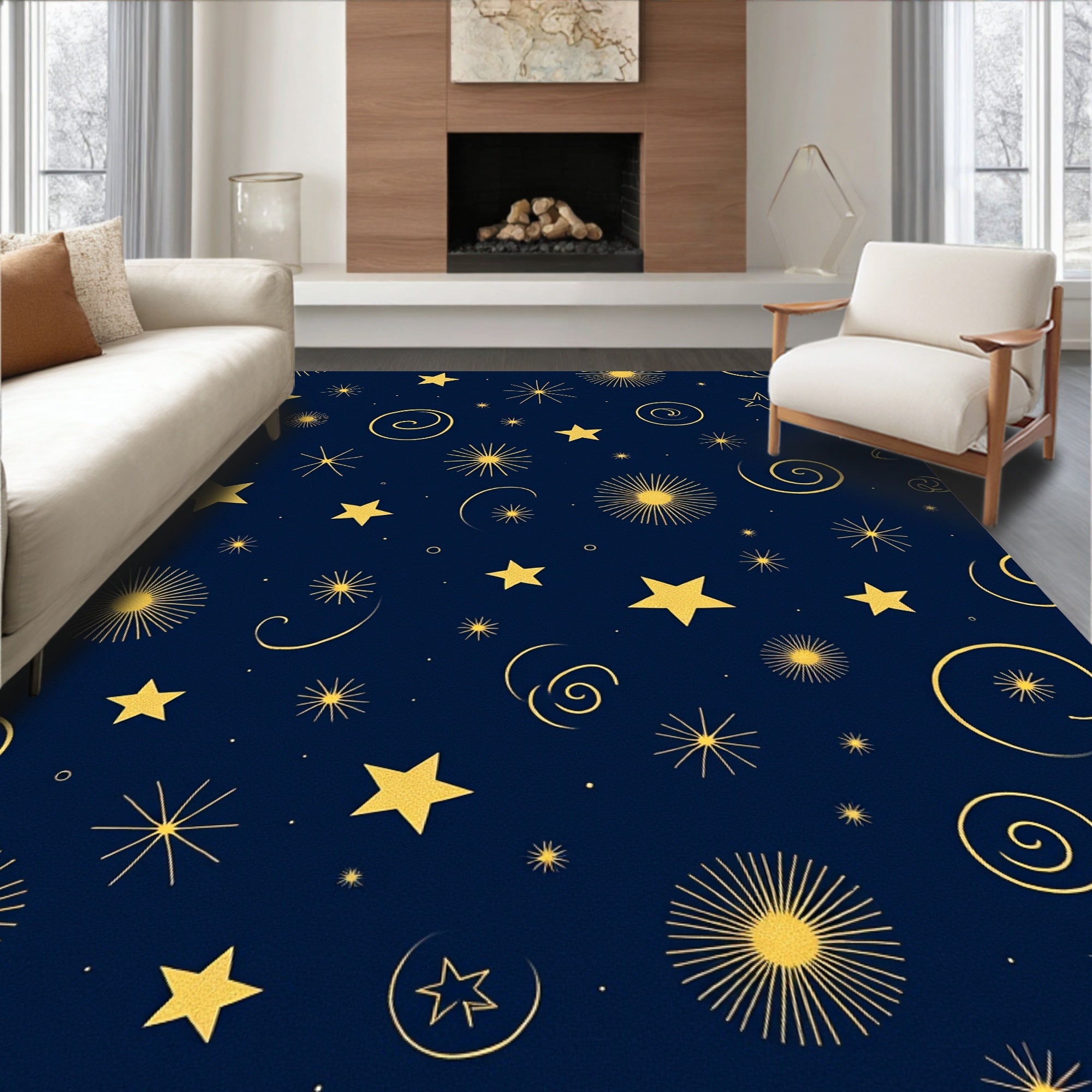 Golden Night Stars Swirls Abstract Rug